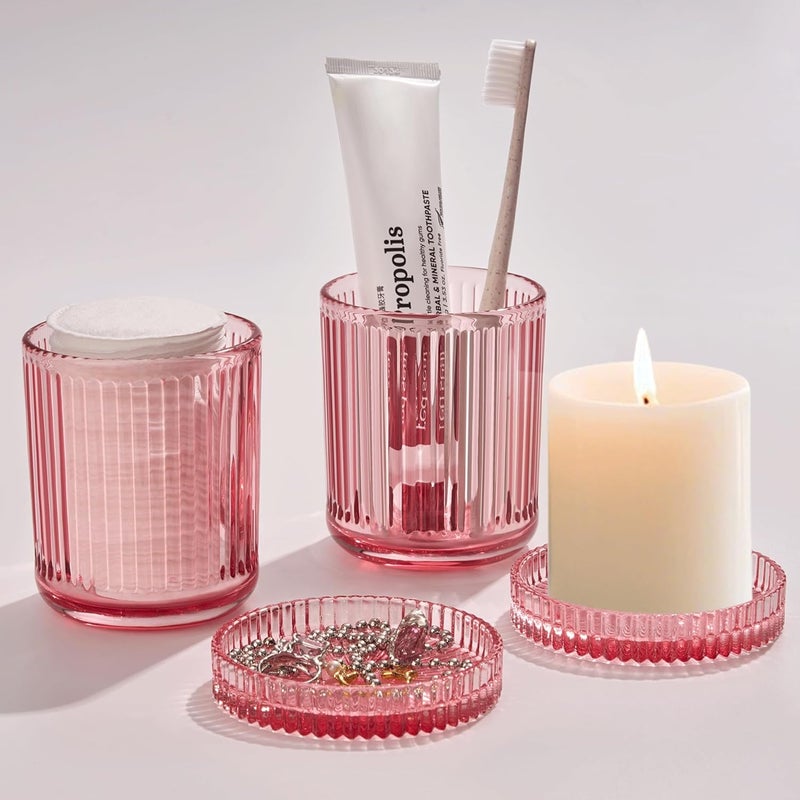 MKOSAB 2 Pack Qtip Holders for Bathroom, Clear Glass Apothecary Jars with Lids,Vintage Bathroom Canisters for Cotton Balls,Swabs,Floss Picks,Hair Ties,Vanity Organizer and Storage Decor (Pink) - Image 3